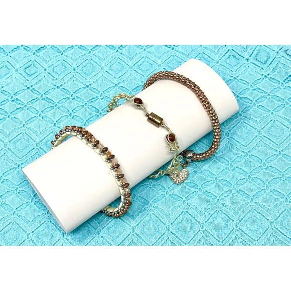 3 Bracelets - Beaded With Heart Charm, Wire wrapped gemstone, & Layerd‎ Beads. - Picture 2 of 9